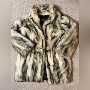 Tissavel French Faux Fur Coat Made In England Grey White Mid Length Sz 12